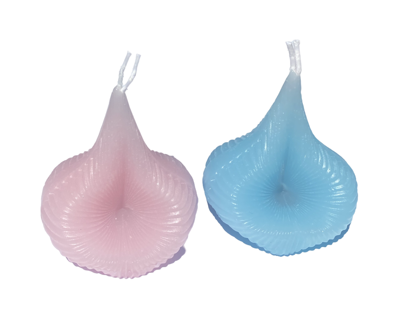 The Pink and Blue Destiny Decision Candle Gender Reveal set are teardrop and spiral shaped. The candles have flowing spiral lines and they each have two wicks. The Pink and Blue Destiny Decision Candle set is on a white background.