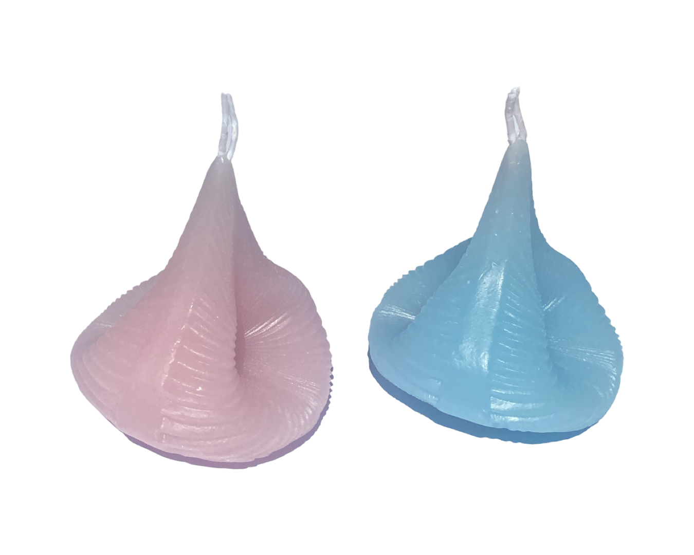 Gender Reveal Pink and Blue Destiny Decision Candles set. Showing the three quarter angle on a white background.