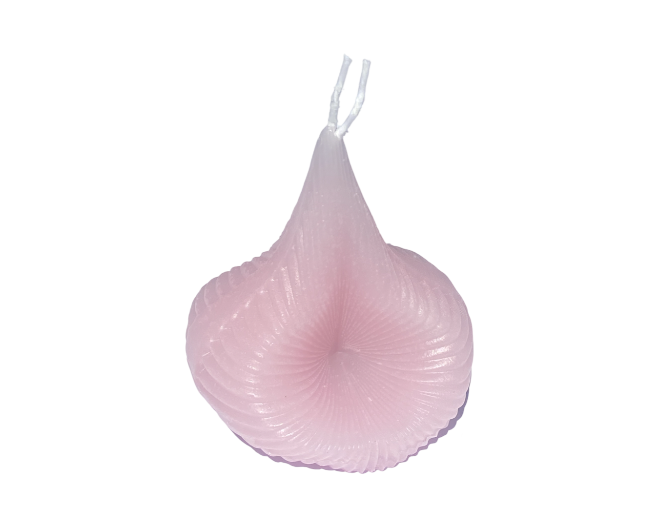 The blush Pink Destiny Decision Candle is teardrop and spiral shaped. The candle has flowing spiral lines and it has two wicks. The blush Pink Destiny Decision Candle is on a white background.