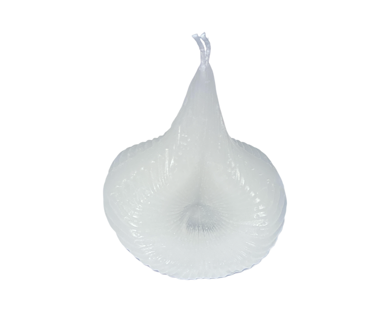 The White Destiny Decision Candle is teardrop and spiral shaped.  The  candle has flowing spiral lines and it has two wicks.  The White Destiny Decision Candle is on a white background.